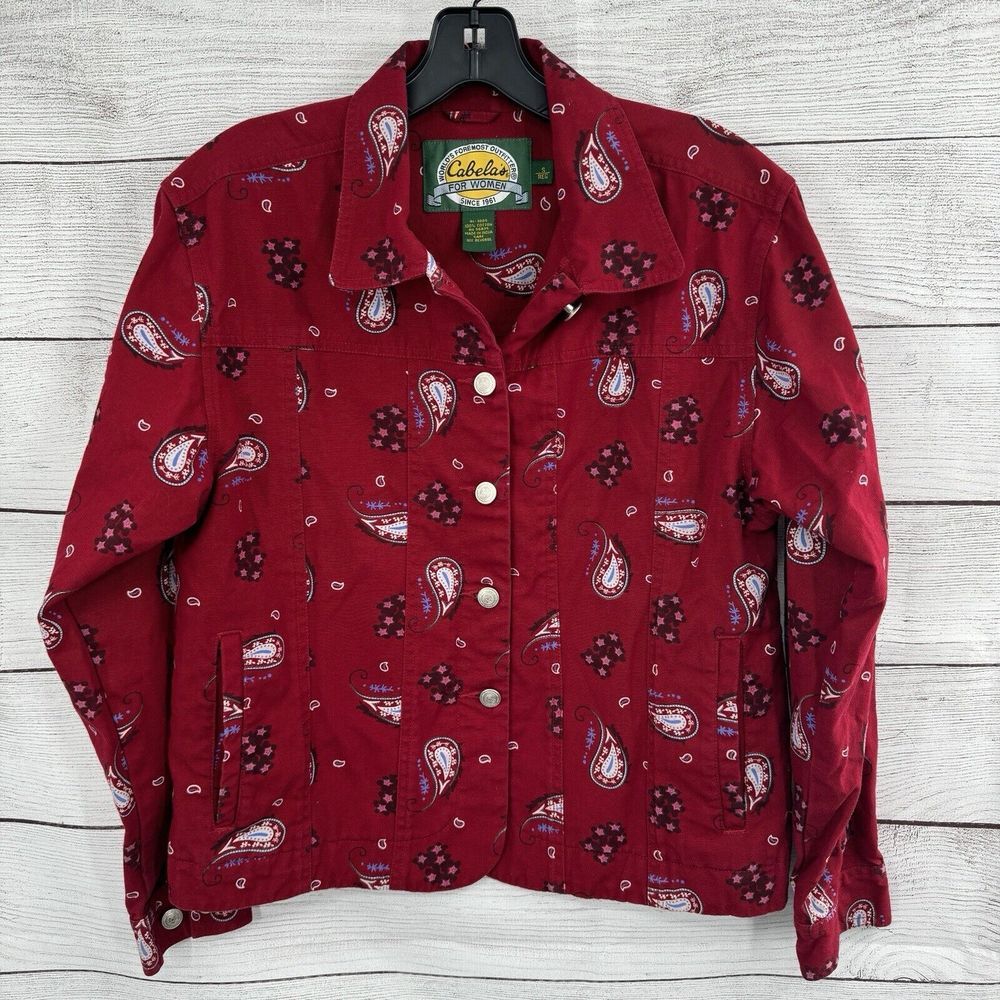 Cabelas Womens Paisley‎ Cotton Trucker Jacket Burgundy Red Small Regular